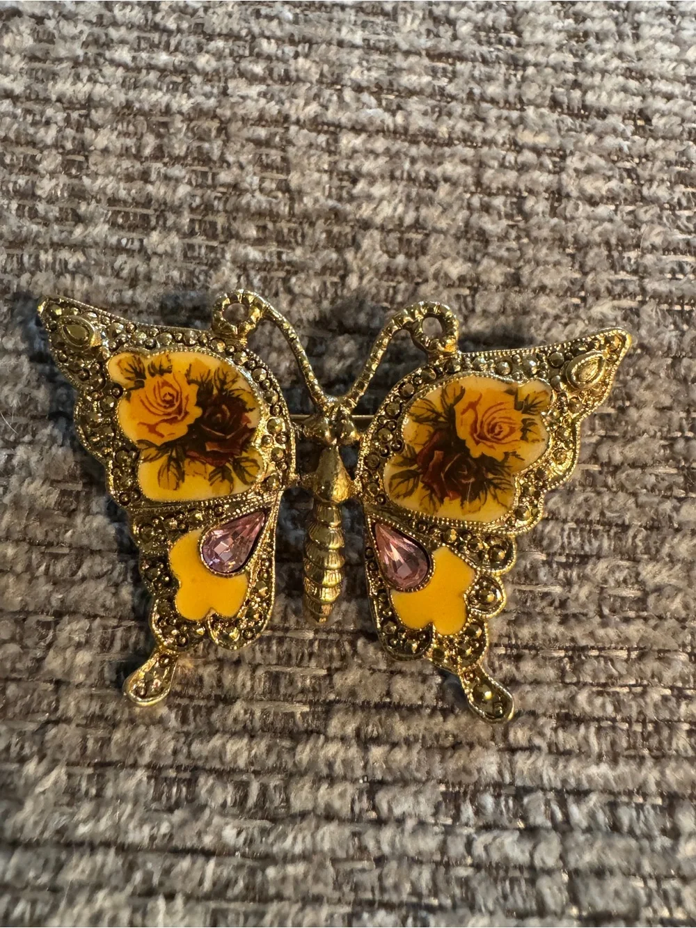 Vintage Gold Butterfly Pin Brooch with Yellow Enamel and Pink Accents